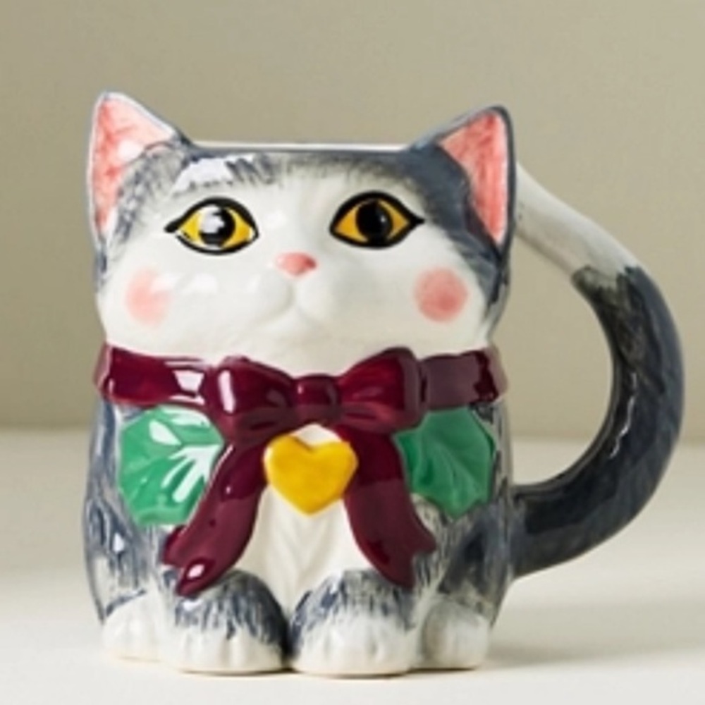 Anthropologie Stoneware Gray Tuxedo Cat Mug with Bow
